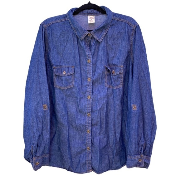 Faded Glory Dark Wash Chambray Denim Roll Tab Top Sz 3X - Picture 1 of 9